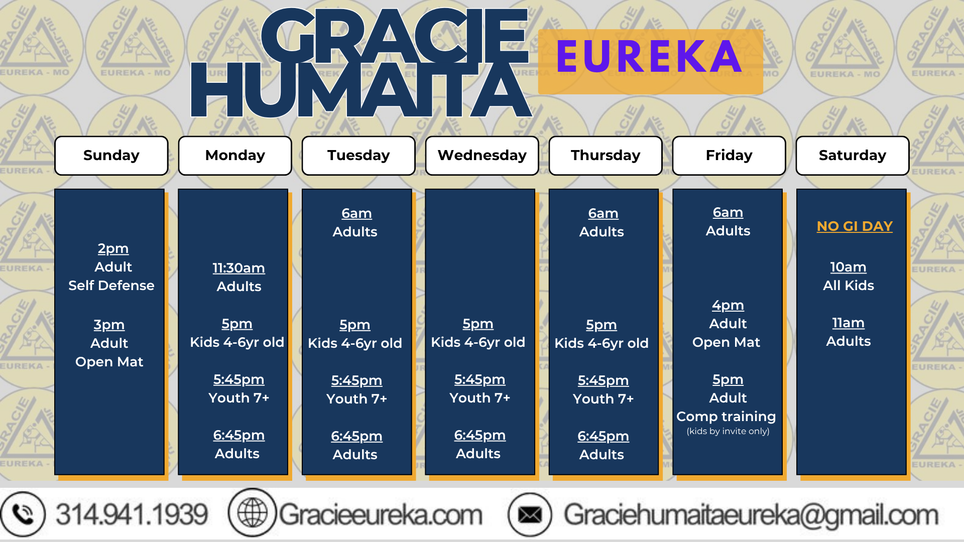 Morning Classes 11:30AM Monday, Thursday; Kids at 5:30PM Monday-Thursday; Evening Fundamentals 6PM Monday-Thursday; Kids 9:30AM Saturday; Adults 10:30AM Saturday